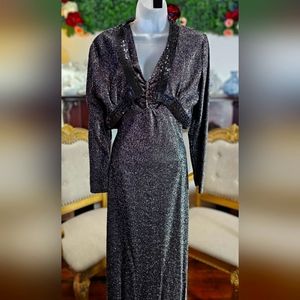 Vintage Retro 1970s Black&Silver sparkly Lurex Dress w-matching sequin Bolero
